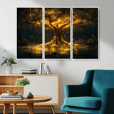 59580-MGV-FC-48X32-3P_White-Glowing Tree Wall Art – Golden Fantasy Nature Canvas Print, Mystical Illuminated Tree Painting Poster for Living Room, Bedroom,