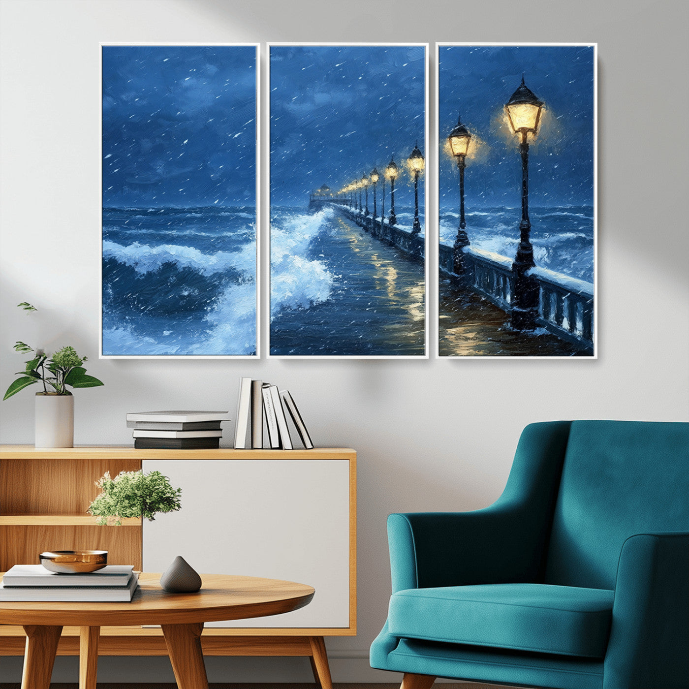 32668-MGV-CV-36X24-Stormy Pier Wall Art – Ocean Waves and Street Lamps Canvas Print, Rainy Night Seascape Oil Painting Poster for Living Room,