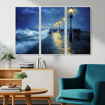 76572-MGV-CV-36X24-Stormy Night Pier Wall Art – Ocean Waves and Street Lamps Canvas Print, Rainy Seascape Oil Painting Poster for Living Room,