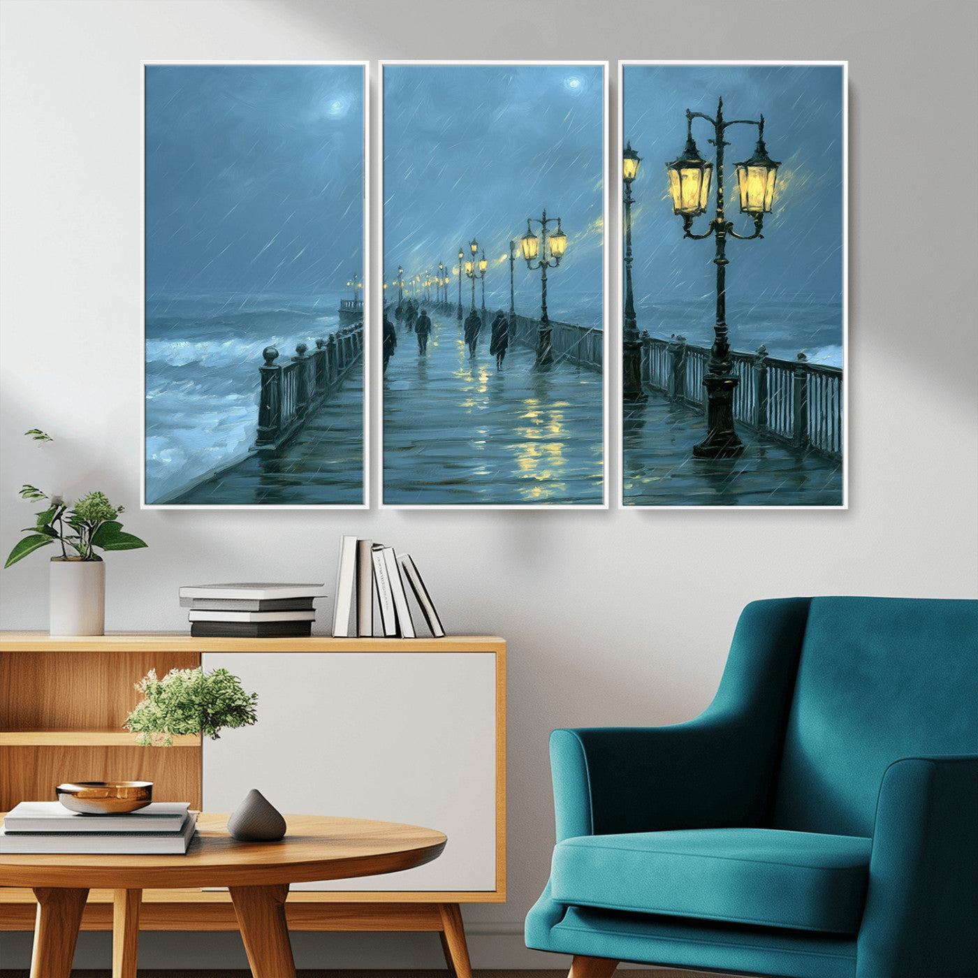 79606-MGV-FC-48X32-3P_White-Rainy Pier Night Wall Art – Ocean Waves and Street Lamps Canvas Print, Moody Seascape Oil Painting Poster for Living Room,
