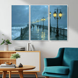 79606-MGV-FC-48X32-3P_White-Rainy Pier Night Wall Art – Ocean Waves and Street Lamps Canvas Print, Moody Seascape Oil Painting Poster for Living Room,