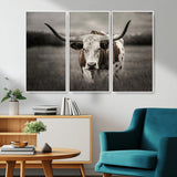 69238-MGV-CV-36X24-Longhorn Bull Wall Art – Rustic Black and White Texas Cattle Canvas Print, Western Farmhouse Animal Photography for Living Room,