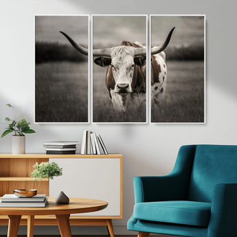 69238-MGV-CV-36X24-Longhorn Bull Wall Art – Rustic Black and White Texas Cattle Canvas Print, Western Farmhouse Animal Photography for Living Room,