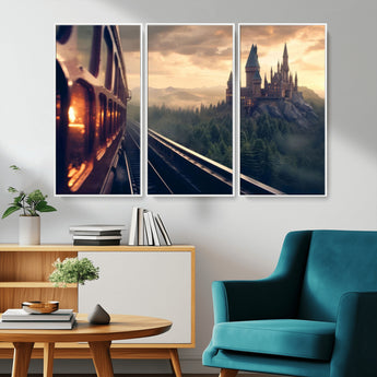 84029-MGV-CV-36X24-Fantasy Castle Wall Art – Magical Train Sunset Forest Canvas Print, Enchanted Landscape Painting Poster for Living Room, Bedroom,