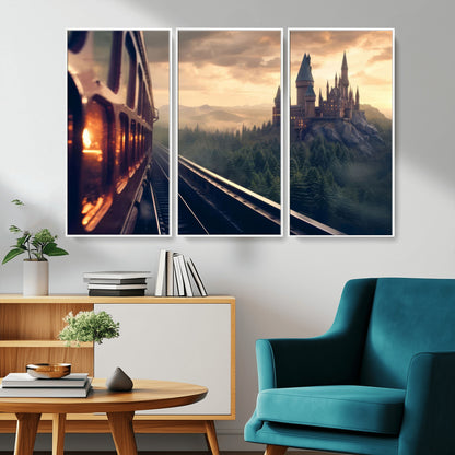 84029-MGV-CV-36X24-Fantasy Castle Wall Art – Magical Train Sunset Forest Canvas Print, Enchanted Landscape Painting Poster for Living Room, Bedroom,