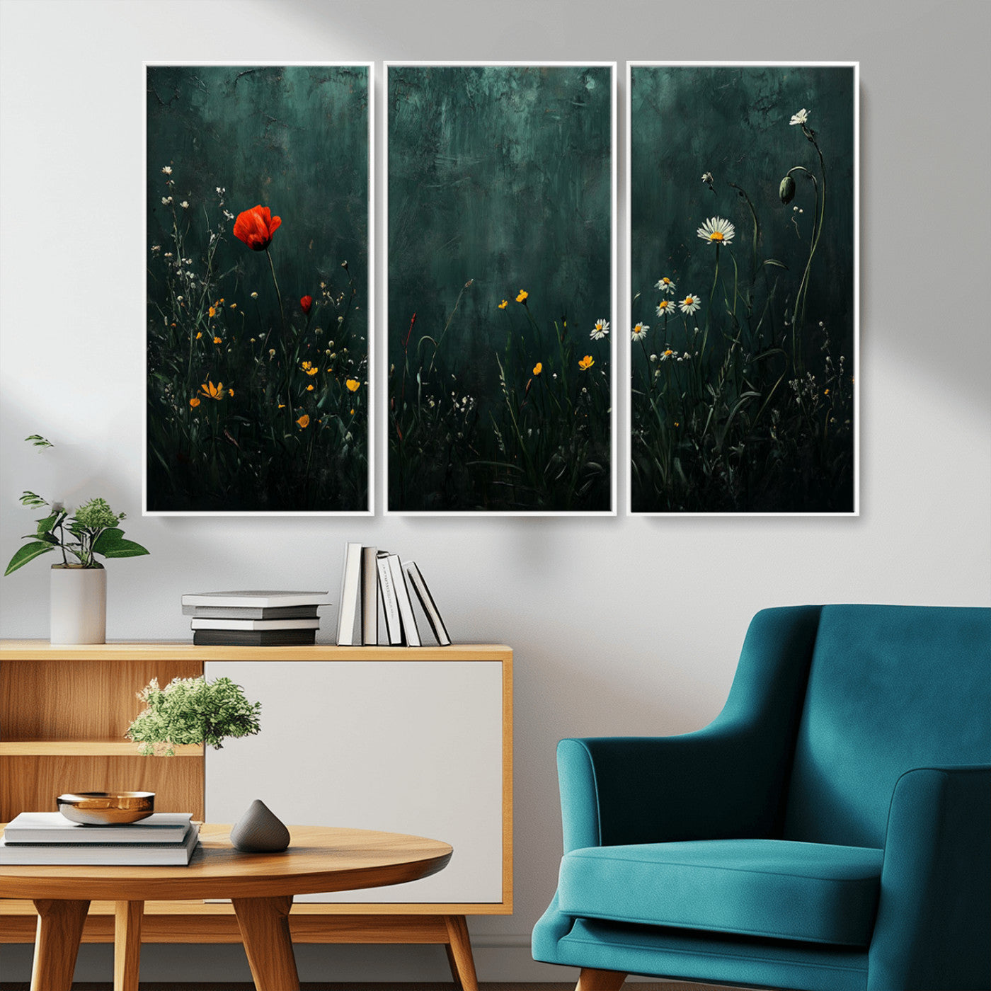 26218-MGV-CV-36X24-Wildflower Wall Art – Dark Botanical Floral Canvas Print, Modern Nature Painting Poster with Daisy Poppy Yellow Flowers for Living