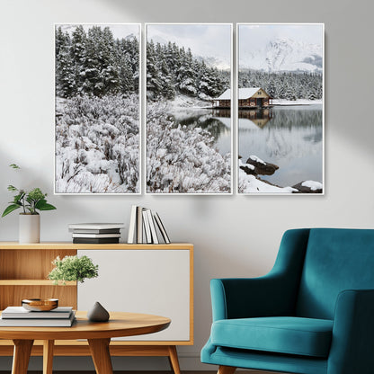 29975-MGV-CV-36X24-Winter Cabin by the Lake Wall Art – Snowy Mountain Landscape Canvas Print, Rustic Lodge Cabin Decor for Cozy Living Room, Bedroom