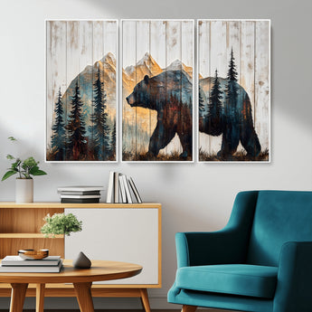90077-MGV-CV-36X24-Wood Grizzly Bear Wall Art Canvas Print, Framed Abstract Bear Art Picture Print, Bear in Forest Perfect Rustic Lodge Decor Artwork
