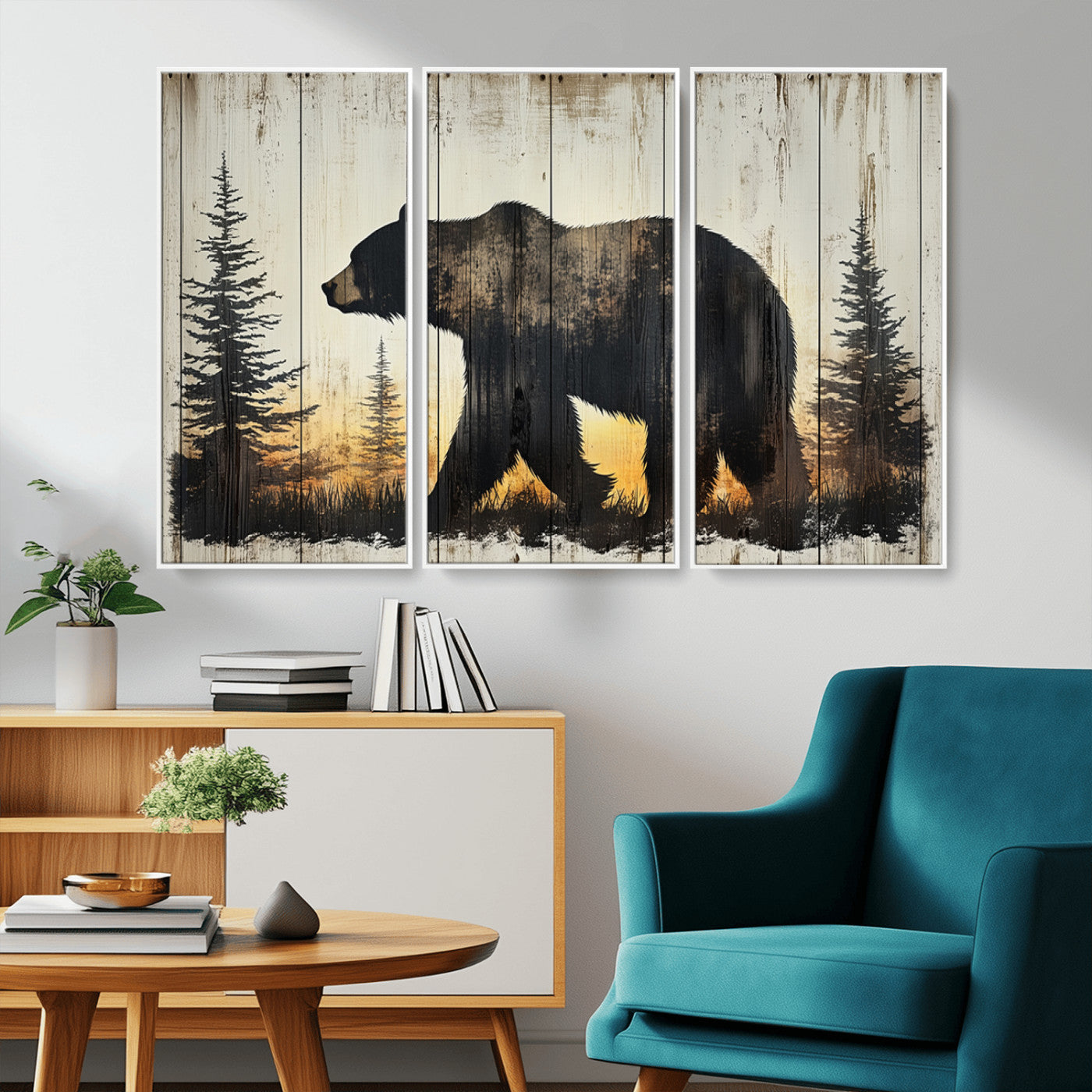 83875-MGV-CV-36X24-Sunset Bear Wall Art – Rustic Wildlife Canvas Print with Forest Silhouette, Cabin Lodge Decor for Living Room or Office