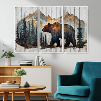 55777-MGV-CV-36X24-Rustic Bear Wall Art Canvas Print, Framed Mountain and Forest Art Picture Print, Wooden Bear Perfect Rustic Lodge Decor Artwork