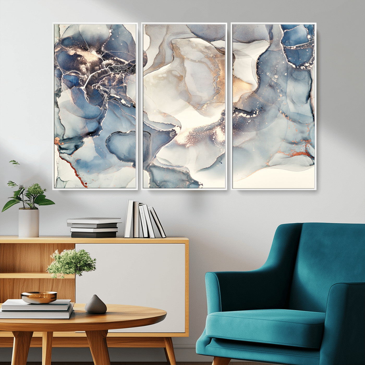 51497-MGV-CV-36X24-Abstract Blue and Gold Wall Art – Modern Fluid Ink Style Canvas Print, Elegant Contemporary Decor for Living Room, Office