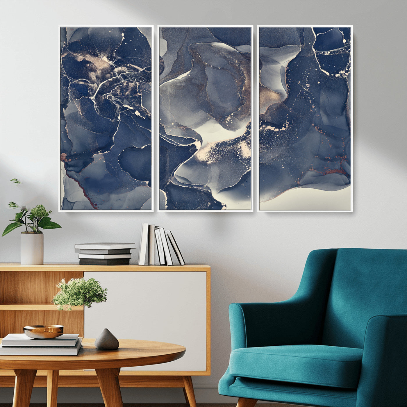 28282-MGV-CV-36X24-Blue Abstract Wall Art – Modern Ink Swirl Canvas Print, Contemporary Navy and Gold Painting for Living Room, Bedroom, Office or