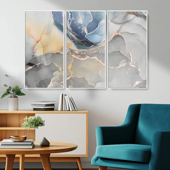 18176-MGV-CV-36X24-Abstract Fluid Wall Art – Modern Marble Ink Canvas Print with Blue, Gold, and Gray Tones, Contemporary Minimal Artwork Decor for