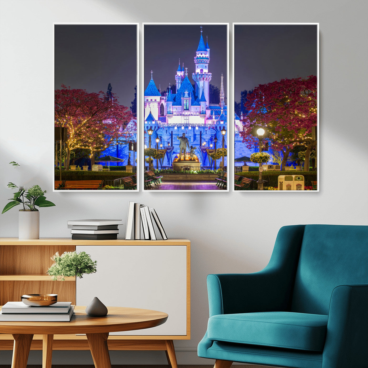 66710-MGV-FC-48X32-3P_White-Enchanted Castle Wall Art – Magical Night Scene Canvas Print with Glowing Lights, Fantasy Architecture Artwork for Living Room,