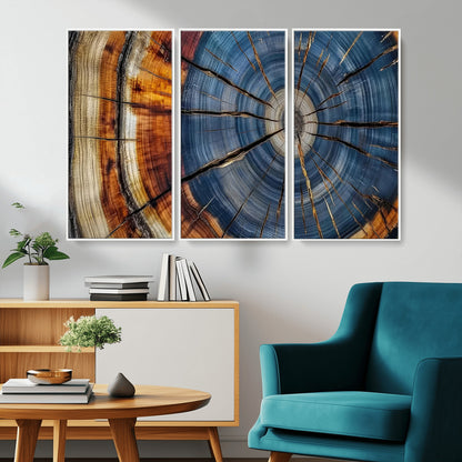 10583-MGV-CV-36X24-Tree Ring Wall Art – Abstract Wood Grain Canvas Print with Blue and Brown Tones, Nature Inspired Rustic Artwork for Living Room,