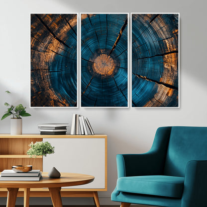 13398-MGV-CV-36X24-Tree Ring Wall Art – Abstract Wood Grain Canvas Print with Blue and Orange Accents, Rustic Nature Inspired Artwork for Living