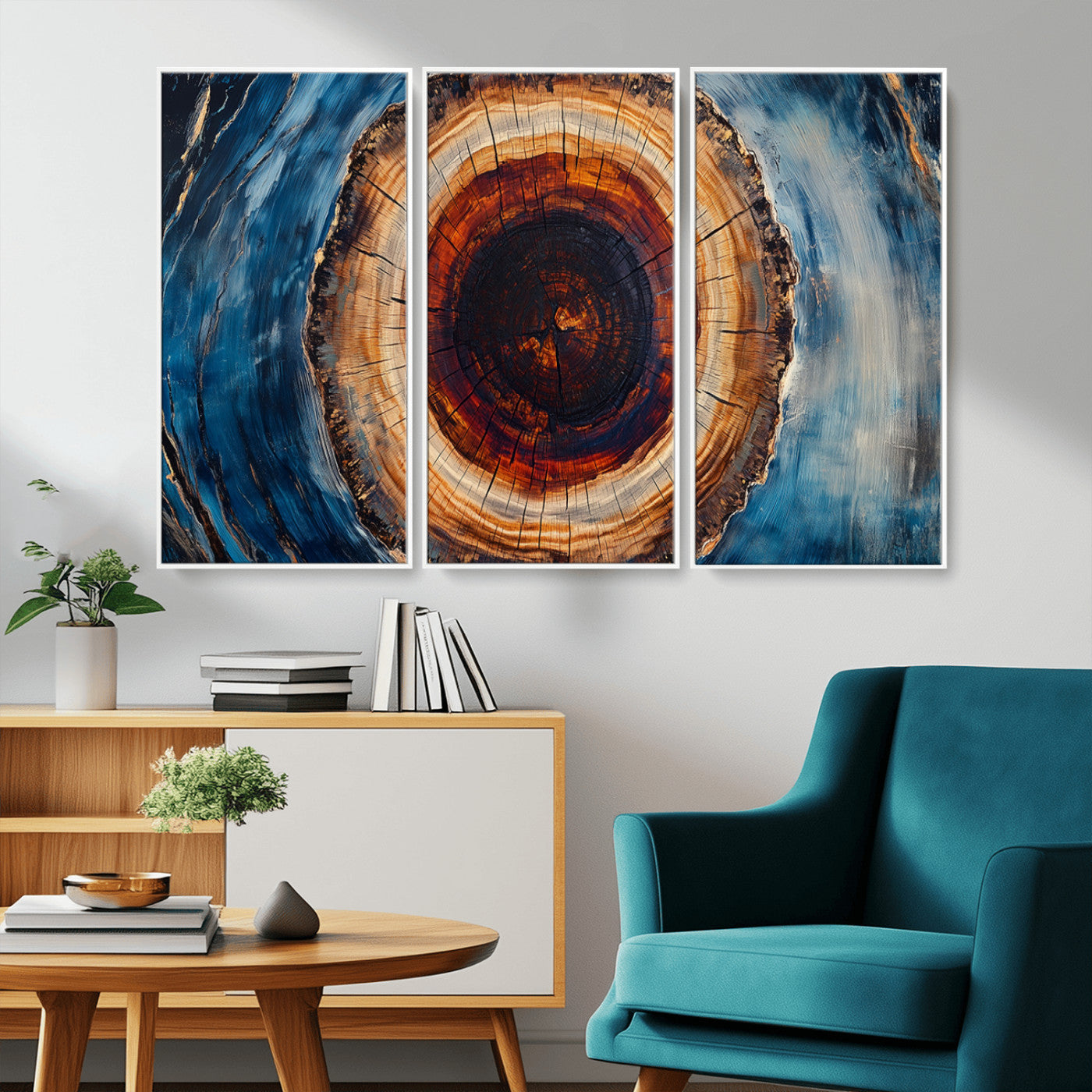 30457-MGV-CV-36X24-Tree Ring Wall Art – Abstract Wood Grain Canvas Print with Brown and Blue Swirl, Rustic Nature Inspired Artwork for Living Room,