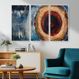 48045-MGV-CV-36X24-Tree Ring Abstract Wall Art – Rustic Wood Grain Canvas Print with Brown Center and Blue Brush Strokes, Nature Inspired Artwork for