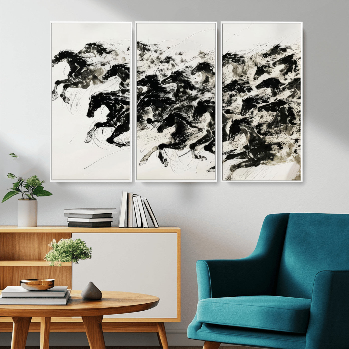 23069-MGV-CV-36X24-Galloping Horses Wall Art – Black Ink Painting on Canvas, Dynamic Equestrian Artwork with Running Stallions, Expressive Modern