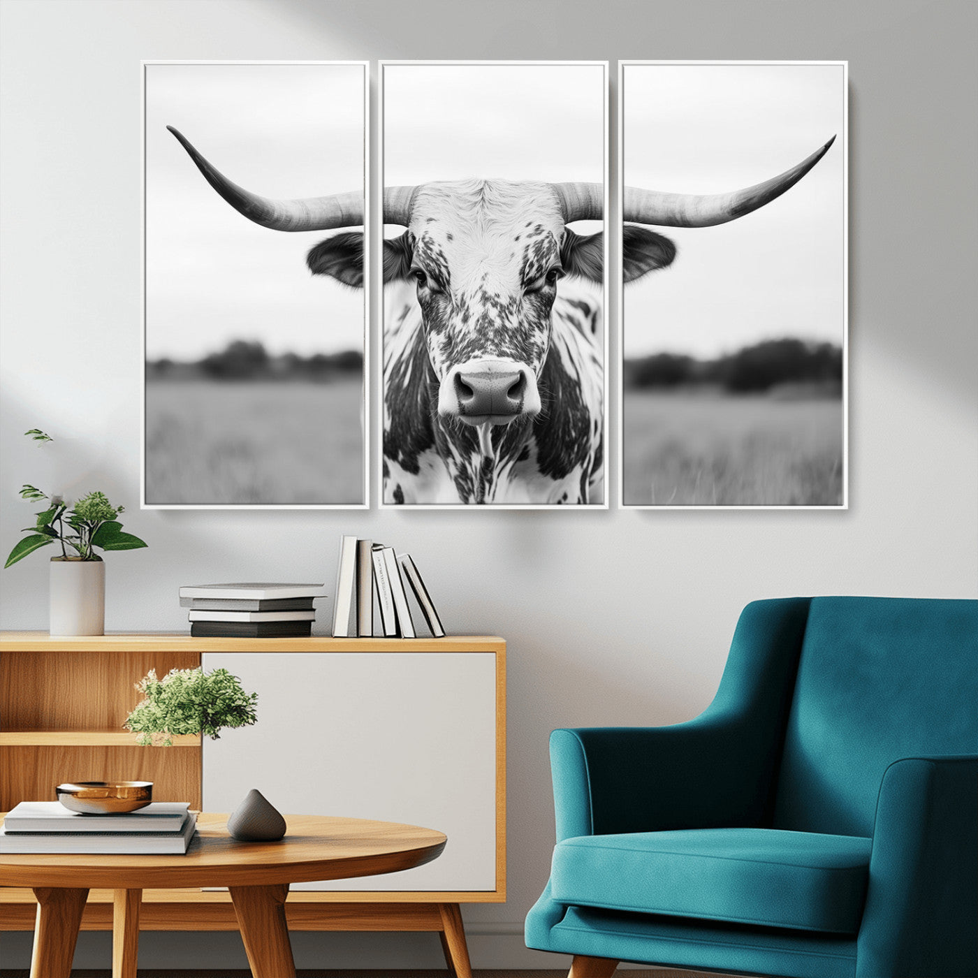 20272-MGV-CV-36X24-Highland Cow Wall Art – Black and White Western Longhorn Canvas Print, Farmhouse Living Room Decor Southwestern Animal Artwork for