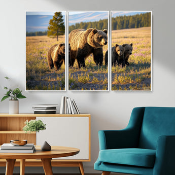 43400-MGV-CV-36X24-Bear Family Wall Art – Wildlife Canvas Print of Mother Bear with Cubs in Sunlit Meadow, Rustic Animal Artwork for Living Room,