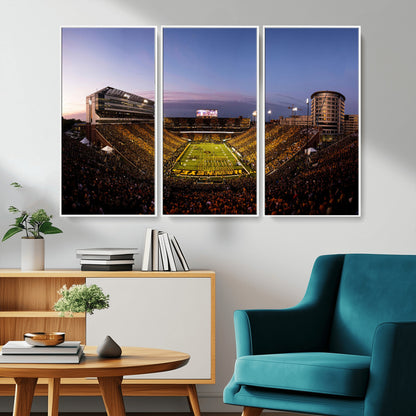 82557-MGV-CV-36X24-College Football Stadium Wall Art – Panoramic Sunset Canvas Print with Marching Band and Game Day Crowd, Sports Artwork for Man