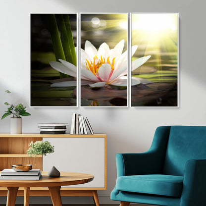 60352-MGV-CV-36X24-White Water Lily Wall Art – Lotus Flower Canvas Print with Sunlight Reflection, Peaceful Botanical Artwork for Living Room,
