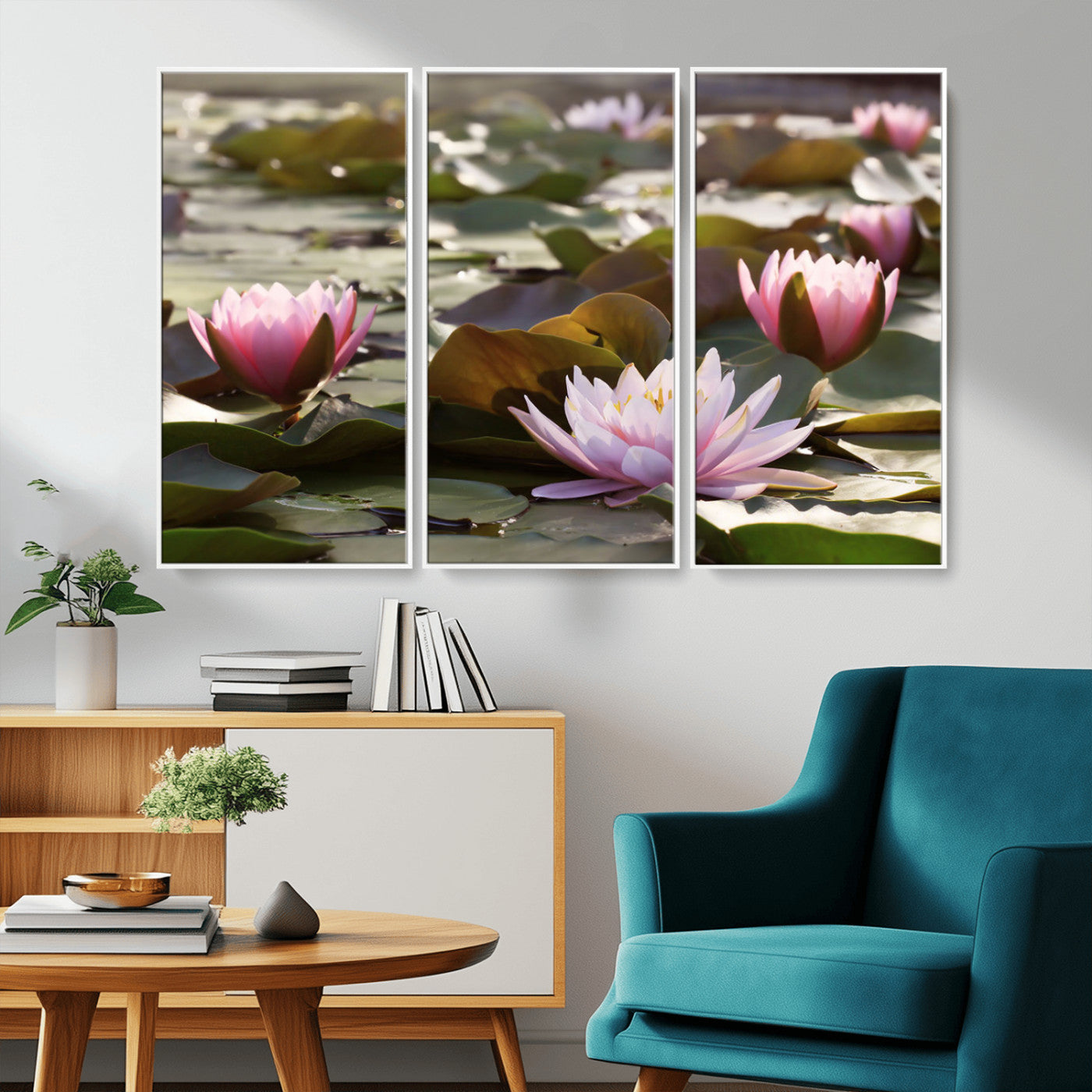 28394-MGV-CV-36X24-Water Lily Pond Wall Art – Pink Lotus Flowers Canvas Print with Green Lily Pads, Peaceful Botanical Artwork for Living Room,