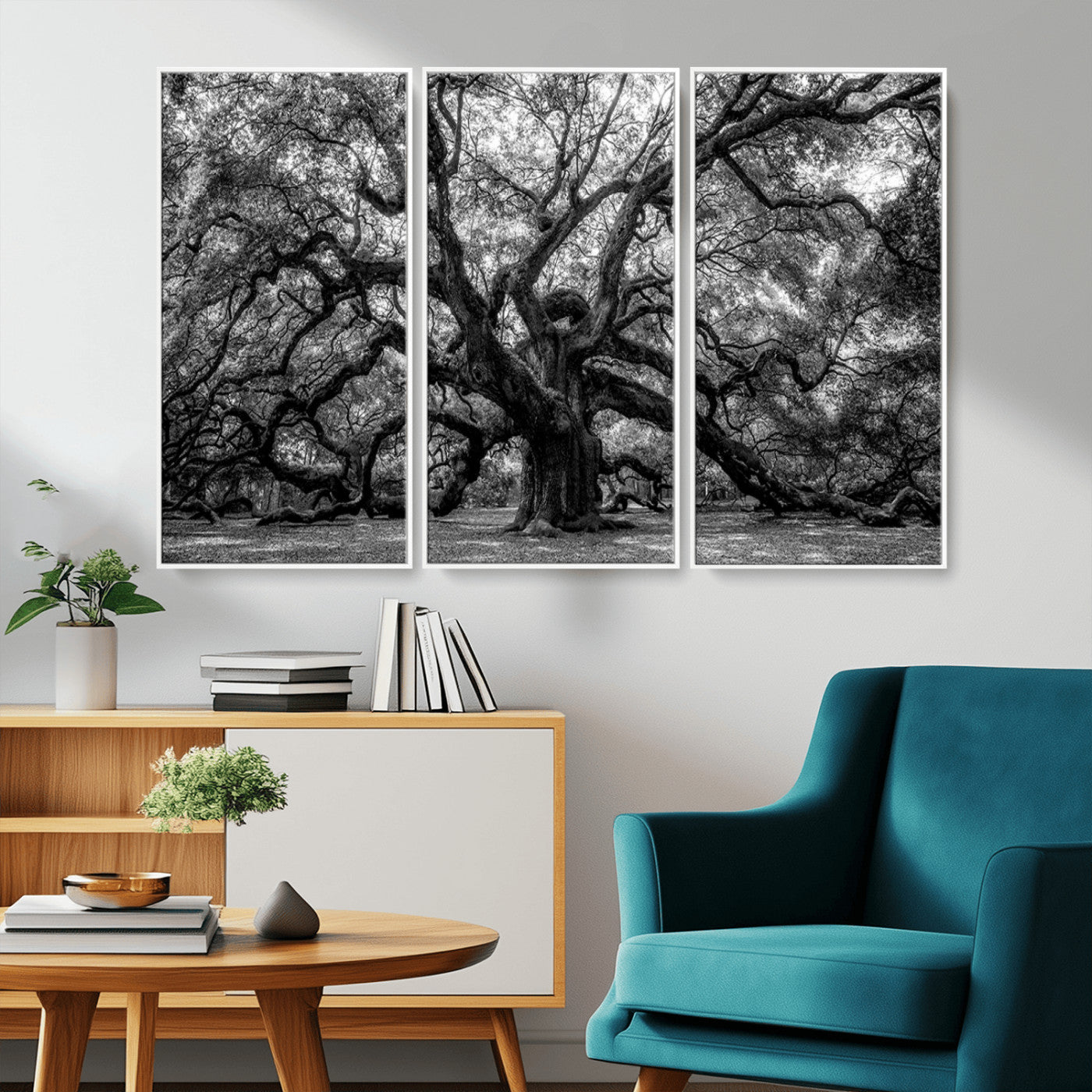 132944706-MGV-CV-36X24-Ancient Tree Wall Art – Black and White Photography Canvas Print Featuring Majestic Twisting Branches, Rustic Nature Artwork for