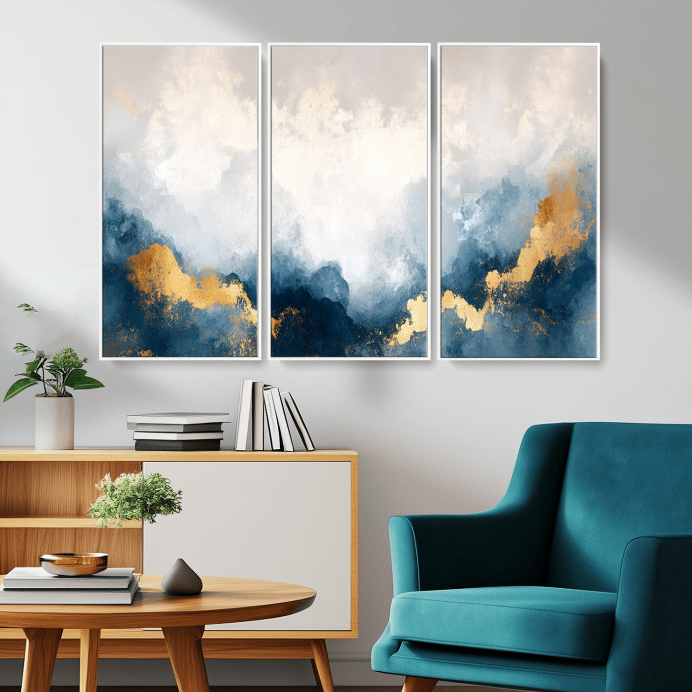 14578-MGV-FC-48X32-3P_White-Abstract Wall Art – Modern Canvas Print Featuring Blue and White Clouds with Golden Accents, Contemporary Elegant Artwork for