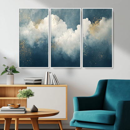 75131-MGV-CV-36X24-Abstract Cloud Wall Art – Modern Canvas Print Featuring Blue and White Clouds with Golden Accents, Contemporary Artwork for Living