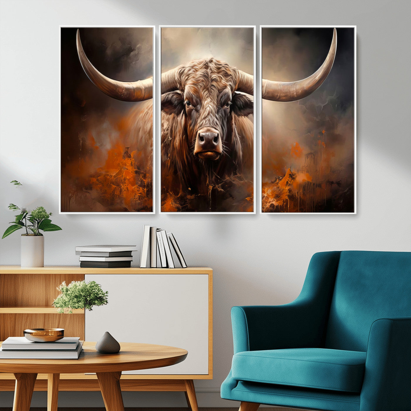 240479-MGV-CV-36X24-Longhorn Bull Wall Art – Dramatic Western Canvas Print Featuring Horned Bull with Fiery Background, Rustic Farmhouse Artwork for