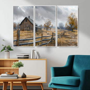 Farm1-MGV-CV-36X24-Rustic Autumn Farmhouse Wall Art – Serene Countryside Scene Canvas Print, Weathered Barn and Autumn Trees Decor for Living Room,