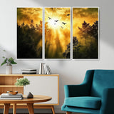 13776802-MGV-CV-36X24-Golden Forest Wall Art Canvas Print, Framed Sunset Pines Art Picture Print, Flying Birds Perfect Nature Glow Decor Artwork