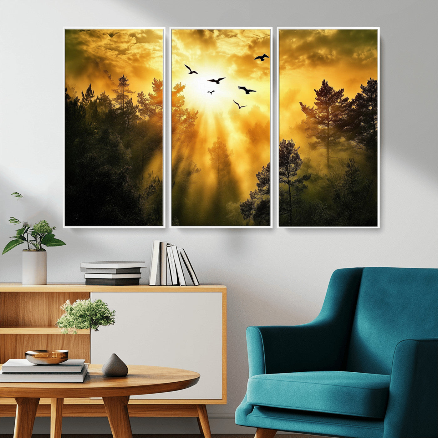 13776802-MGV-CV-36X24-Golden Forest Wall Art Canvas Print, Framed Sunset Pines Art Picture Print, Flying Birds Perfect Nature Glow Decor Artwork