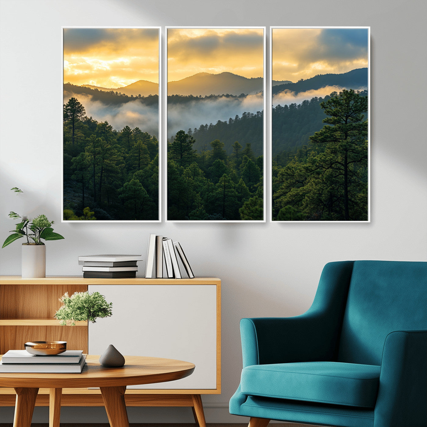 68082278-MGV-CV-36X24-Mountain Sunrise Wall Art Canvas Print, Framed Pine Forest Art Picture Print, Misty Mountains Perfect Earthy Woodland Decor
