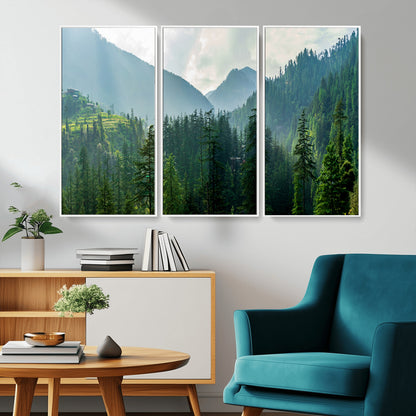 83417191-MGV-FC-48X32-3P_White-Misty Mountain Forest Wall Art – Pine Tree Landscape Canvas Print, Nature Photography Panorama, Tranquil Green Forest Décor for