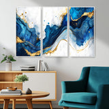 33506371-MGV-CV-36X24-Blue Marble Wall Art Canvas Print, Framed Gold Splash Art Picture Print, Abstract Wave Perfect Modern Luxe Decor Artwork