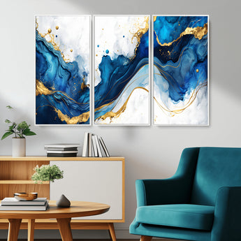 33506371-MGV-CV-36X24-Blue Marble Wall Art Canvas Print, Framed Gold Splash Art Picture Print, Abstract Wave Perfect Modern Luxe Decor Artwork