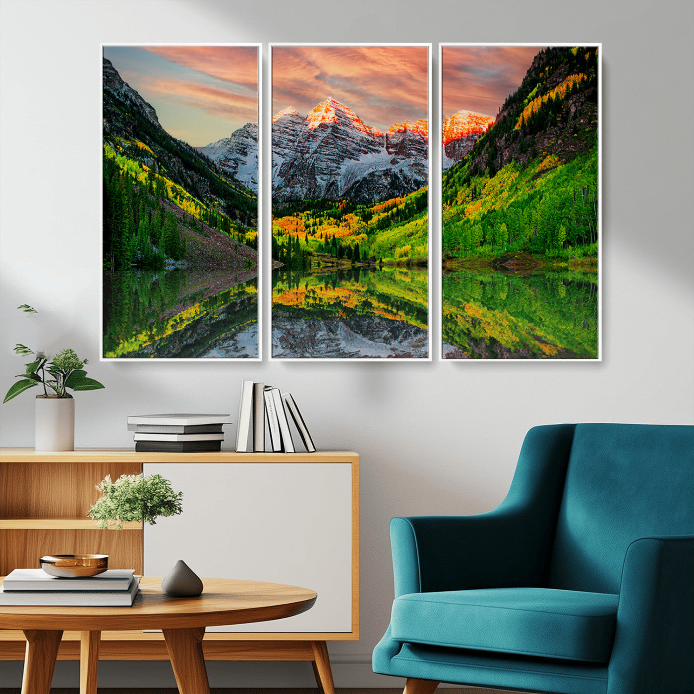 59533484-MGV-CV-36X24-Maroon Bells Autumn Wall Art – Panoramic Mountain Landscape Canvas Print, Sunset Reflection Nature Artwork for Living Room, Office