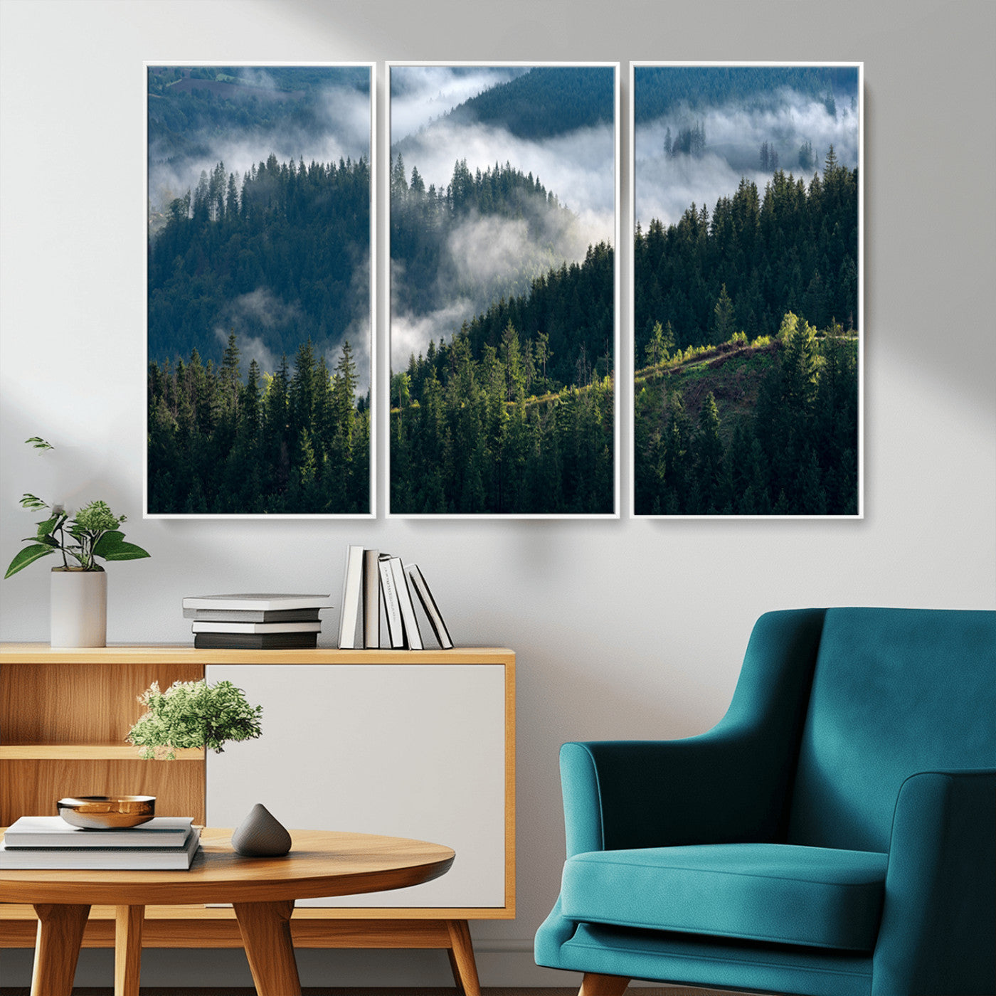 84598503-MGV-CV-36X24-Misty Forest Wall Art Canvas Print, Framed Pine Hills Art Picture Print, Moody Hills Perfect Moody Woodland Decor Artwork