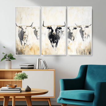 40397799-MGV-FC-48X32-3P_White-Texas Longhorn Wall Art Canvas Print, Framed Rustic Herd Art Picture Print, Western Bull Perfect Neutral Western Decor Artwork