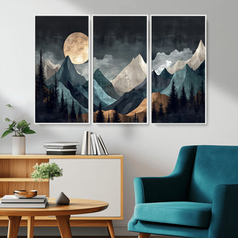 11060882-MGV-CV-36X24-Moonlit Mountains Wall Art Canvas Print, Framed Forest Silhouette Art Picture Print, Night Landscape Perfect Modern Forest Decor