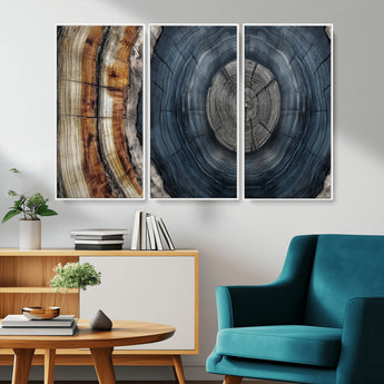 91368647-MGV-CV-36X24-Smoky Blue Tree Ring Wall Art – Rustic Wood Cross Section Canvas Print, Modern Nature Inspired Decor for Living Room, Office, or