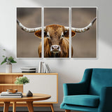 12179171-MGV-CV-36X24-Texas Longhorn Wall Art Canvas Print, Framed Brown Bull Art Picture Print, Lone Cattle Perfect Rustic Western Decor Artwork