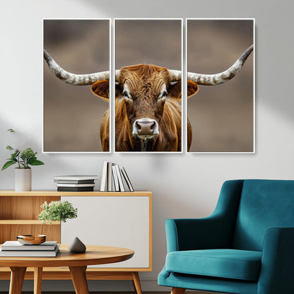 12179171-MGV-FC-48X32-3P_White-Texas Longhorn Wall Art Canvas Print, Framed Brown Bull Art Picture Print, Lone Cattle Perfect Rustic Western Decor Artwork