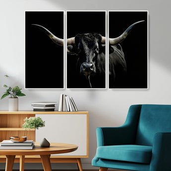 37531960-MGV-CV-36X24-Black Longhorn Bull Wall Art – Dramatic Western Cattle Canvas Print, Rustic Farmhouse Animal Artwork for Living Room, Bedroom,