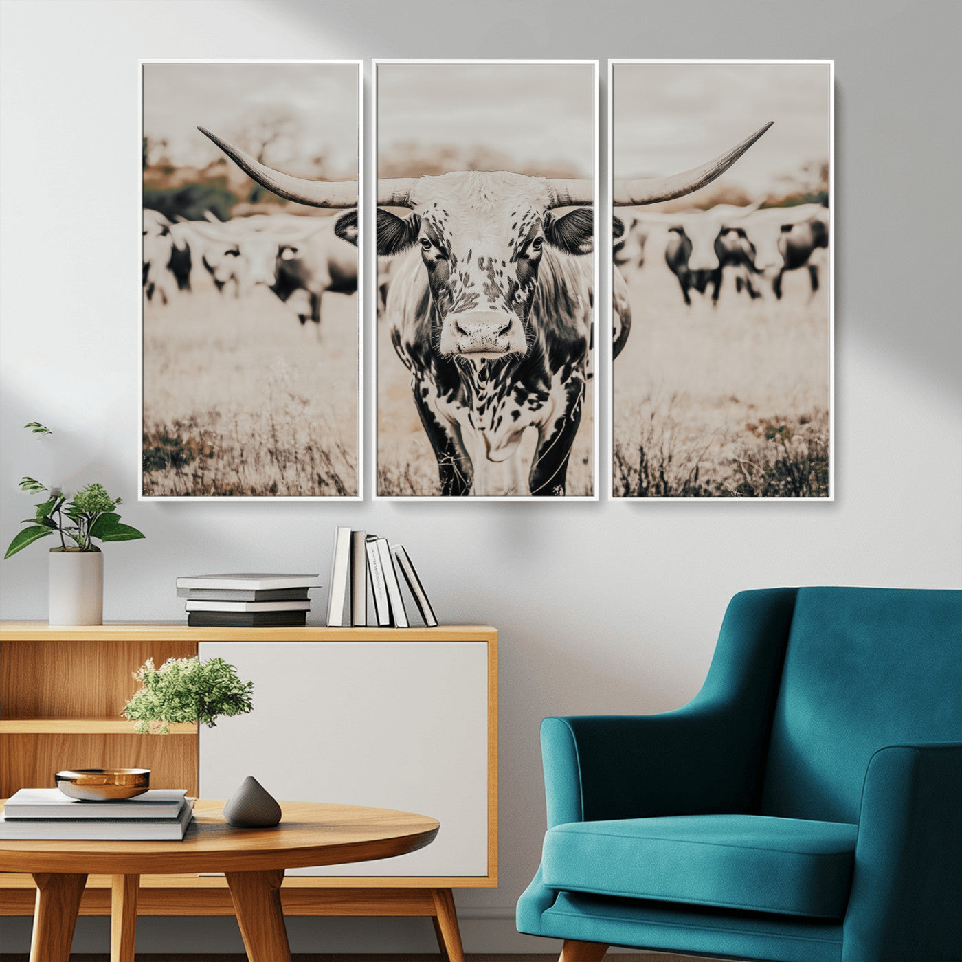 27497342-MGV-CV-36X24-Texas Longhorn Wall Art Canvas Print, Framed Speckled Cow Art Picture Print, Horned Cattle Perfect Rustic Western Decor Artwork