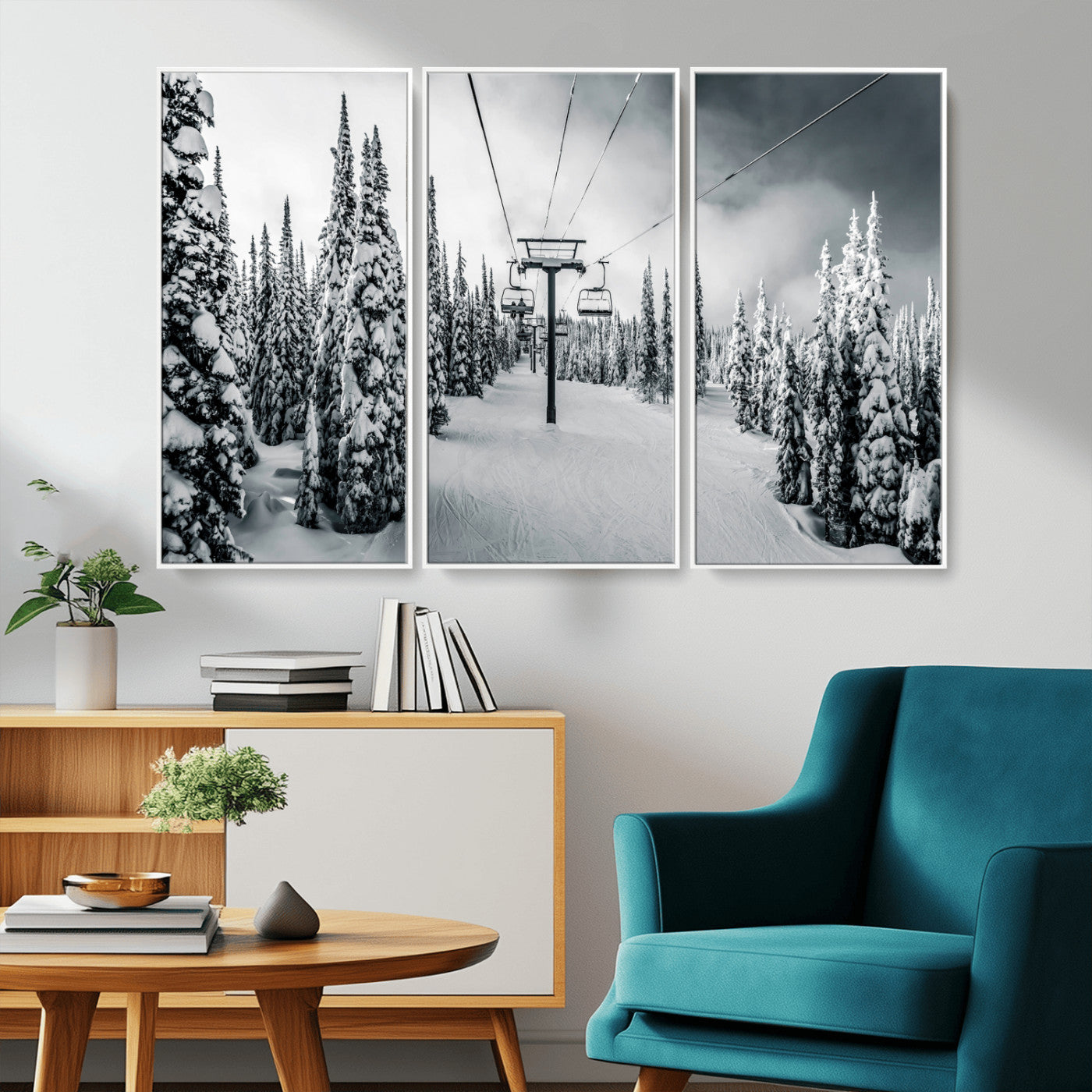 31156828-MGV-CV-36X24-Snowy Pines Wall Art Canvas Print, Framed Ski Lift Art Picture Print, Winter Forest Perfect Moody Lodge Decor Artwork