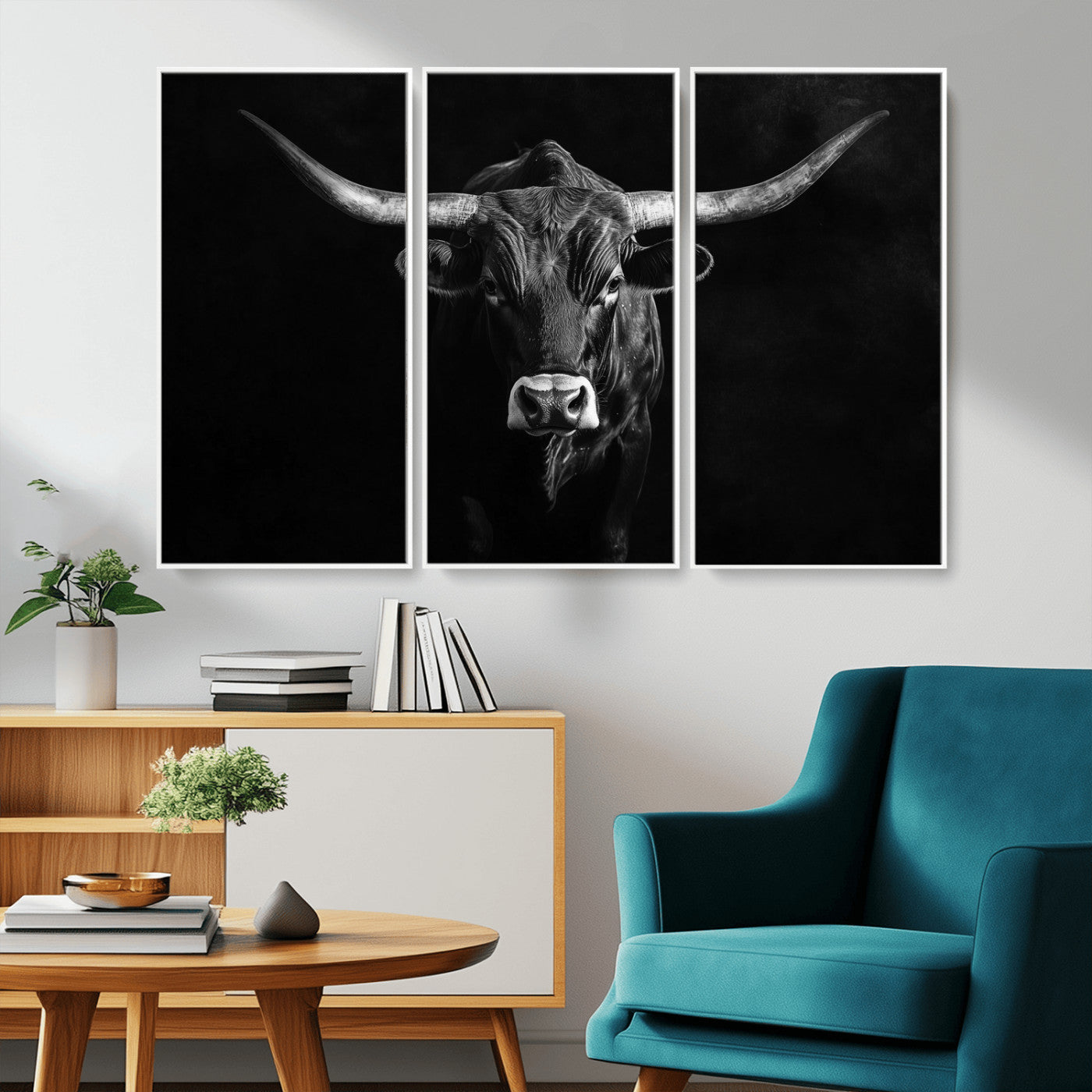 42077175-MGV-CV-36X24-Texas Longhorn Wall Art Canvas Print, Framed Monochrome Bull Art Picture Print, Horned Bull Perfect Rustic Western Decor Artwork
